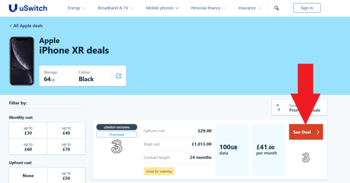 uSwitch comparison site affiliate example